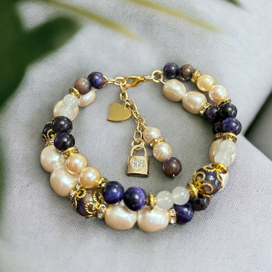 PULSERA PIEDRA OJO TIGRE PURPURA Y PERLAS